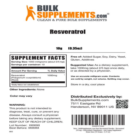 Bulksupplements.Com Resveratrol Powder, 1000Mg - Brain, Heart & Joint Support Supplement (10G - 10 Serv)