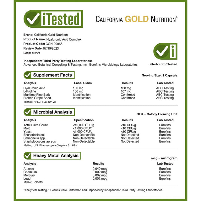 California Gold Nutrition Hyaluronic Acid Complex, 60 Veggie Capsules