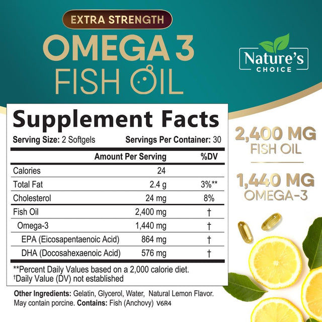 Triple Strength Omega 3 Fish Oil 2400 Mg Softgels, Nature'S Fish Oil Supplements, Brain & Heart Health Support - EPA & DHA, 1200 MG Fish Oil in Each Softgel, Omega-3 Supplement - 60 Fish Oil Softgels