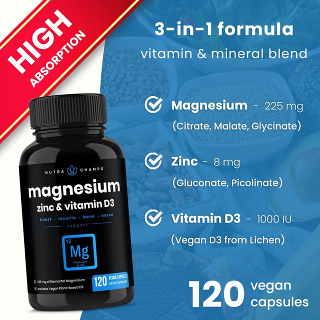 Nutrachamps Magnesium Zinc & Vitamin D3 Supplement - Most Bioavailable Forms; Magnesium Glycinate, Malate, Citrate - Bone, Muscle & Heart Health, Immune Support - 120 Vegan Capsules