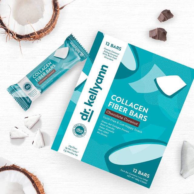 Dr. Kellyann Keto Collagen Fiber Bar - High Fiber, Low Carbs - Gluten Free, Non-Gmo & No Artificial Sweeteners - Perfect Keto & Paleo Snack with Creamy Coconut Dipped in Dark Chocolate (12 Bars)