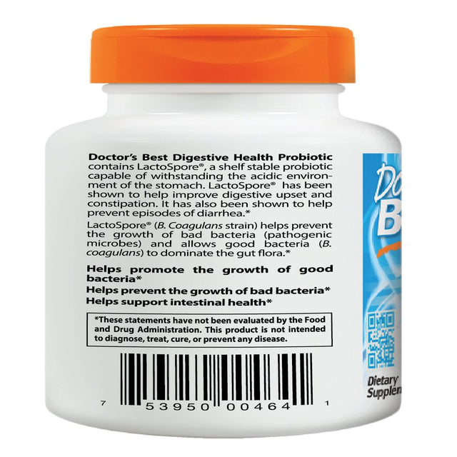 Doctor'S Best Digestive Health Probiotic 2 Billion with Lactospore, Non-Gmo, Vegan, Gluten Free, Soy Free, 60 Veggie Caps