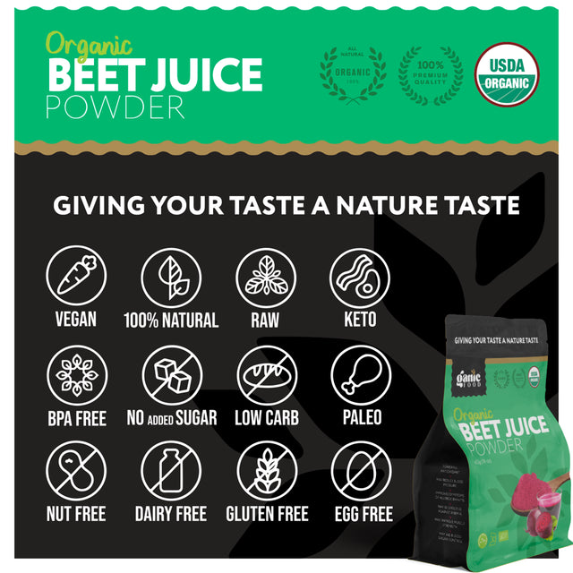 Organic Beet Root Juice Powder by Ganic Food | Cold Pressed and Water Soluble Beet Juice | USDA Organic Beet Juice Pre-Workout Concentrated Powder | Contains Natural Nitrates Acid for Energy & Immune