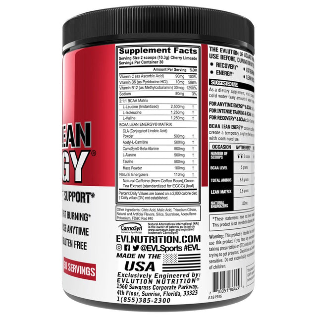 BCAA Lean Energy - Evlution Nutrition BCAA Powder 30 Servings Cherry Limeade Flavor - EVL Natural BCAA Amino Acid Pre Workout Fat Burner Supplement - Performance & Muscle Recovery