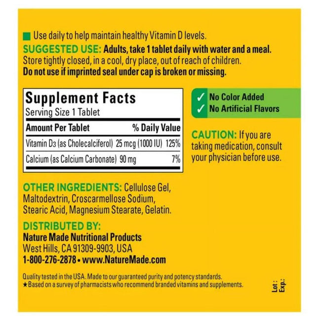 Nature Made Vitamin D3 1000 IU (25 Mcg) Tablets, Dietary Supplement for Bone and Immune Health Support, 350 Count