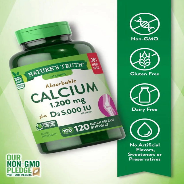 Absorbable Calcium 1200 Mg with Vitamin D3 5000 IU | 120 Softgels | Calcium Carbonate Supplement | Nature'S Truth