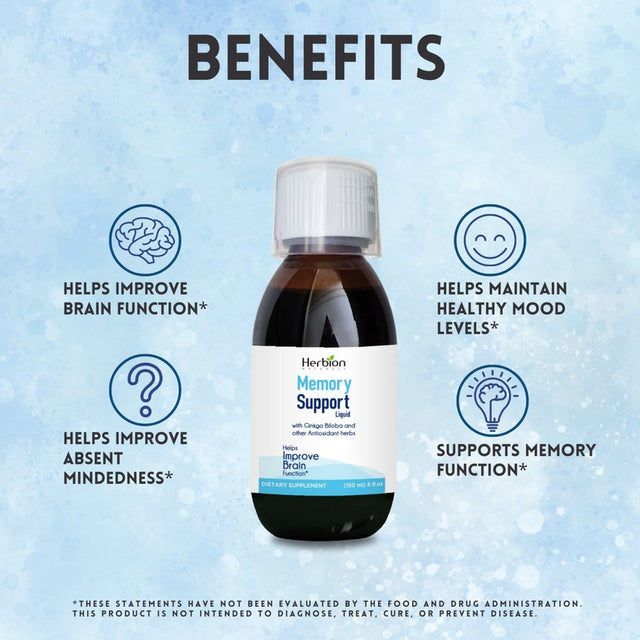 Herbion Naturals Memory Support Liquid - Helps Improve Brain Function & Absent Mindedness, Reduce Anxiety & Fatigue, Soothe Stress & Improve Mood - Adults and Children over 12 Yo - 5 Fl Oz (150 Ml)