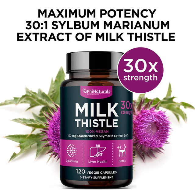 Milk Thistle Silymarin 30X Extract Supplement (Standardized 30:1) by Phi Naturals | 150 Mg per Capsule - 120 Capsules | Supports Liver Cleanse, Detox and More