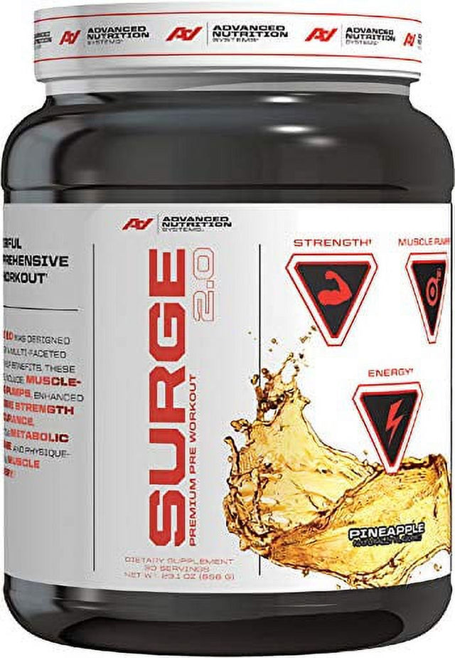 Advanced Nutrition Systems | SURGE 2.0 - Pre Workout Energy Powder; with Alkalyn, Creatine Magnapower, Carosyn Beta Alanine, Nitric Oxide| Pineapple, 663 G, 30 Servings