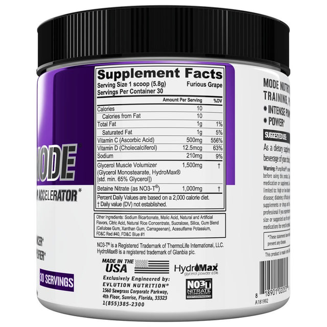 Nitric Oxide Booster Workout Supplement - Evlution Nutrition Pump Mode NO Boost for Performance & Vascularity - Pre Workout Powder 30 Servings (Furious Grape)