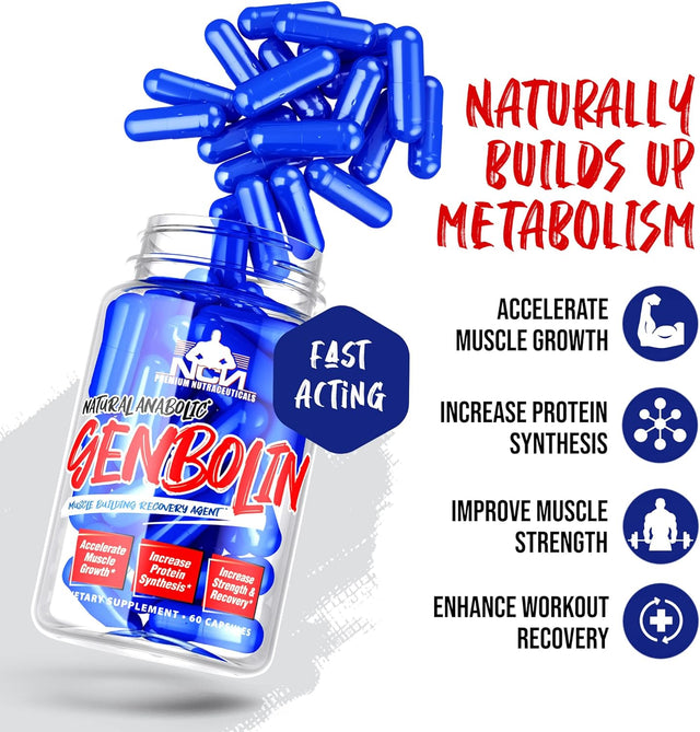 Muscle Builder GENBOLIN Muscle Building Workout Supplement Men Women Pre Workout Recovery Muscle Natural Anabolic Enhanced Strength Energy Boost Stamina Muscle Growth 60 Pills- NCN Supps