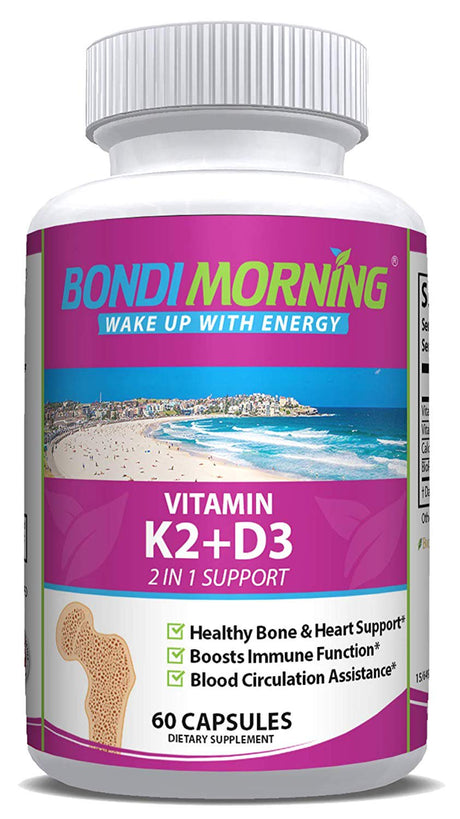 Bondi Morning Vitamin K2+D3 Supplement - High Potency 5000IU Vitamin D3 & 100Mg Vitamin K2 (MK7) - for Bone & Heart Health - 60 Vegan Capsules