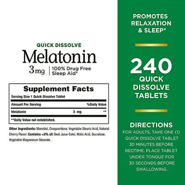 Natureâ€™S Bounty Melatonin 3Mg, 100% Drug Free Sleep Aids for Adults, Supports Relaxation and Sleep, Dietary Supplement, 240 Count