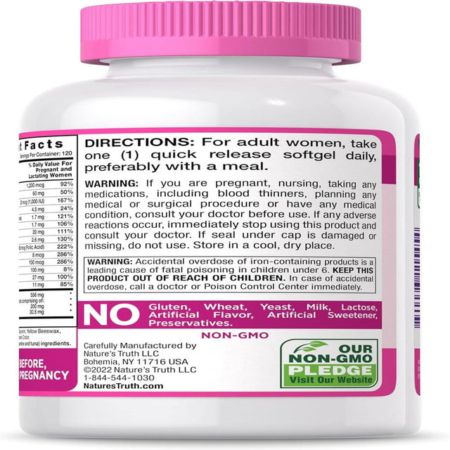 Prenatal Vitamin for Women | 120 Softgels | Non-Gmo & Gluten Free Mineral Supplement with DHA and Folic Acid | by Nature'S Truth