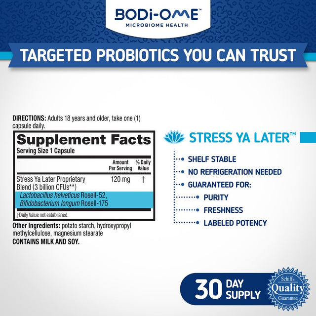 Bodi-Ome Stress Ya Later Targeted Probiotic Capsules (30 Count), Clinically Proven Targeted Probiotic Strains