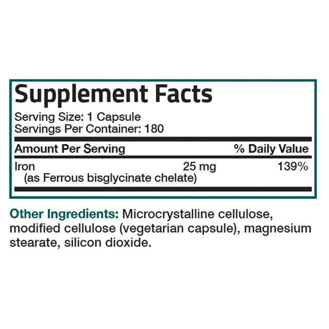 Bronson Iron Bisglycinate 25 Mg Gentle on the Stomach, Supports Energy & Healthy Red Blood Cell Production - Non-Constipating Formula - Non GMO, 180 Vegetarian Capsules