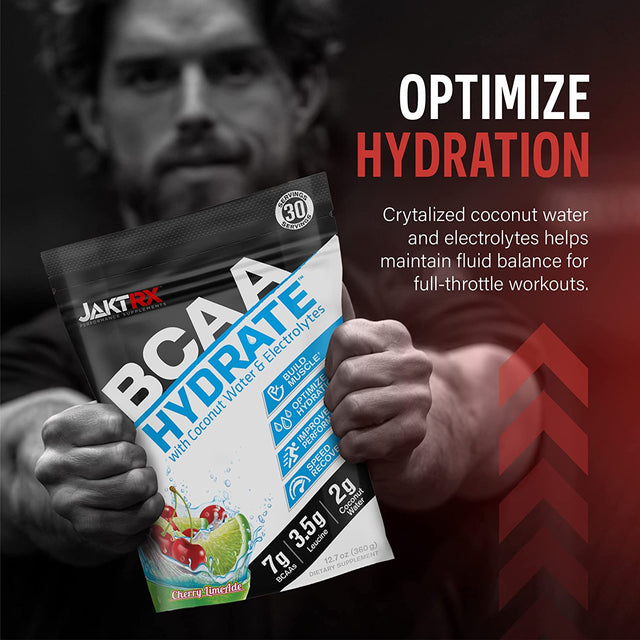 JAKTRX BCAA Hydrate - Premium Branched Chain Amino Acids & Hydration Formula - 7G Bcaas, 2:1:1 Ratio, 3.5G Leucine, 2G Coconut Water, Caffeine-Free, Electrolytes - 30 Servings (360G) - Cherry Limeade