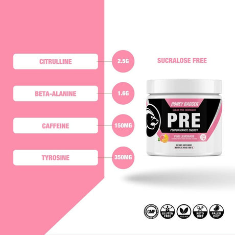 Honey Badger Pre Workout Powder, Keto Vegan Preworkout for Men & Women with Vitamin C for Immune Support, Beta Alanine & Caffeine, Sugar Free Natural Energy Supplement, Pink Lemonade, 30 Servings