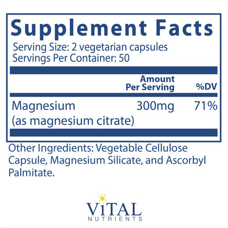 Magnesium (Citrate) , 100 Vegan Capsule, Vital Nutrients