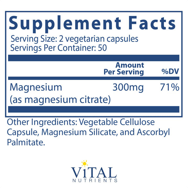 Magnesium (Citrate) , 100 Vegan Capsule, Vital Nutrients