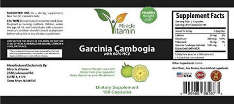 Miracle Vitamin Garcinia Cambogia Potent Supplement for Men & Women -Boost Energy and Focus -Weight Loss Pills -Burn Belly Fat+Suppress Appetite 180 Capsules-Made in USA