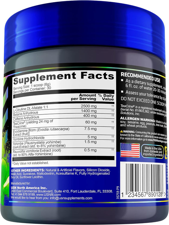 USN 3XT Max Energy Pre-Workout Supplement Powder for Energy, Endurance, and Pump, Preworkout Drink Mix, Nitric Oxide, Citrulline, Caffeine, Zero Creatine, Green Apple (30 Servings)