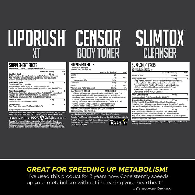 NDS Nutrition Maximum Strength Weight Loss - Decrease Appetite and Energy Booster - Glutamine, L-Carnitine, and CLA (Liporush XT 60 Capsules, Censor 90 Softgels, and Slim-Tox 90 Capsules)