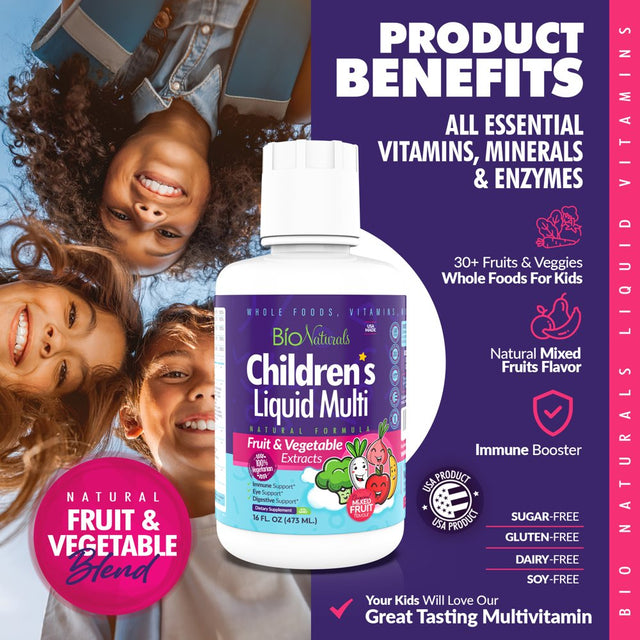 Bio Naturals Children'S Liquid Multivitamin & Immune Booster - Natural Supplement for Kids & Toddlers with Vitamins a B C D3 E, Fiber, Fruits & Vegetables - No Gmos, Gluten, Sugar, Dairy, Soy - 16Oz