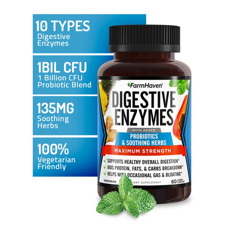 Farmhaven Digestive Enzymes with 12 Probiotics & 6 Soothing Herbs | Bromelain, Protease, Papaya & More Support Healthy Digestion