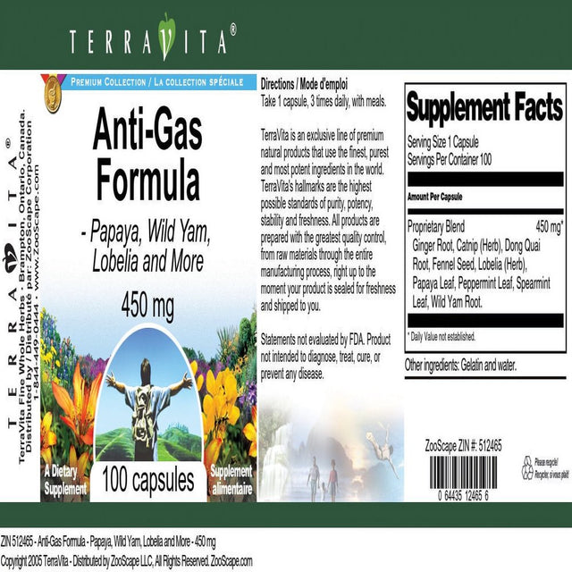 Terravita Anti-Gas Formula - Papaya, Wild Yam, Lobelia and More - 450 Mg, (100 Capsules, 1-Pack, Zin: 512465)