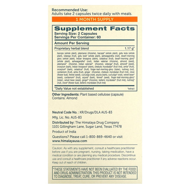 Himalaya Mindcare, Nootropic Brain Supplement Booster for Mental Sharpness, Focus, Memory, and Cognitive Wellness, 1170 Mg, 120 Capsules, 1 Month Supply