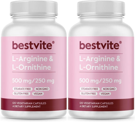 BESTVITE L-Arginine L-Ornithine 500-250 (240 Vegetarian Capsules) (120 X 2) - No Stearates - No Fillers - Vegan - Non GMO - Gluten Free - No Calcium Silicate