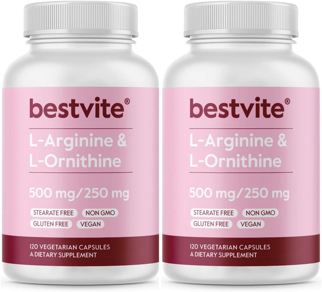 BESTVITE L-Arginine L-Ornithine 500-250 (240 Vegetarian Capsules) (120 X 2) - No Stearates - No Fillers - Vegan - Non GMO - Gluten Free - No Calcium Silicate