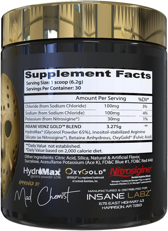 Insane Labz Insane Veinz Gold, Nitric Oxide Non Stimulant Pre Workout Powder, Loaded with Hydromax, Nitrosigine, Increases Vascularity and Blood Flow, 30 Srvgs, Grape