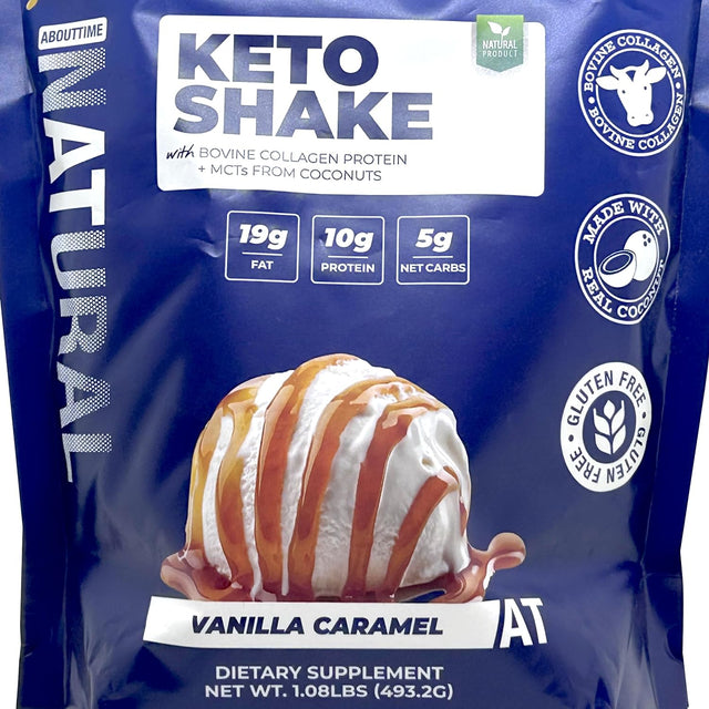 About Time Keto Shake with Bovine Collagen Protein + Mcts from Coconuts - 19G Fat, 10G Protein, 5G Net Carbs - Vanilla Caramel, 1Lb