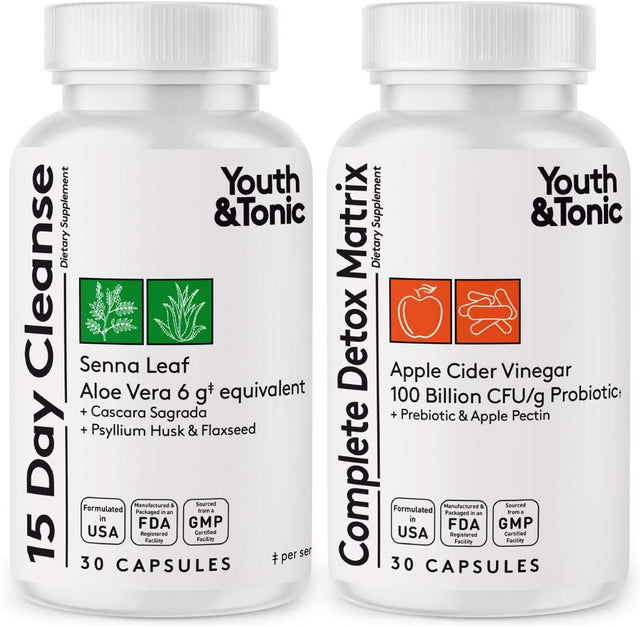 Youth & Tonic Colon Cleanser & Detox for Loss of Waste, Breaking the Plateau, Bloating. 60 Pills for Cleanse with Senna Leaf, Apple Cider Vinegar, Glucomannan and More