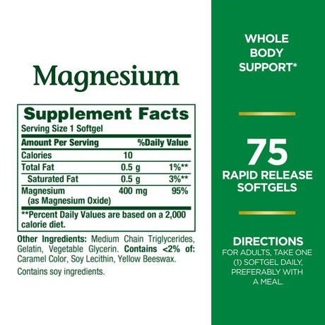 Nature'S Bounty Magnesium Rapid Release Softgels, 400 Mg, 75 Ct