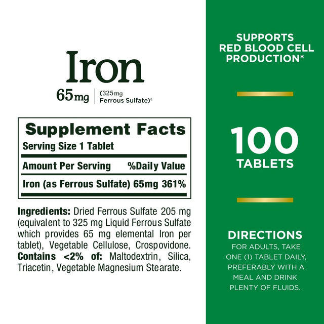 Nature’S Bounty Iron Supplement, 65Mg, 100 Tablets