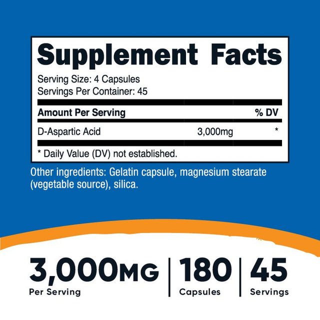 Nutricost D-Aspartic Acid 3000Mg, 180 Capsules - Health Supplement