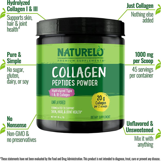 NATURELO Collagen Peptide Powder, Hydrolyzed Collagen Type I & III, Skin Hair & Joint Health - Unflavored, 16 Ounces | 45 Servings