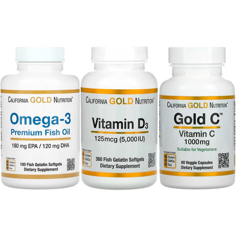 California Gold Nutrition Essential Vitamin and Supplement Bundle, Gold Vitamin C + Vitamin D3 + Omega-3 Premium Fish Oil, Bundle Pack of 3