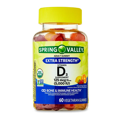 Spring Valley Extra Strength Vitamin D3 Bone & Immune Health Dietary Supplement Vegetarian Gummies, 125 Mcg (5,000 IU), 60 Count