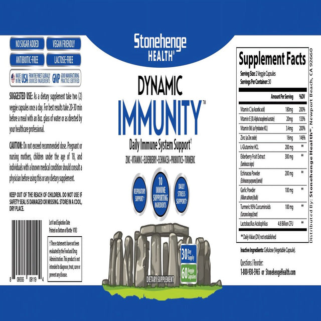 Stonehenge Health Dynamic Immunity Daily Supplement 10-In-1 Immune System Boosters Zinc, Elderberry, Echinacea, Vitamin C & Probiotic L. Acidophilus, 60 Capsules