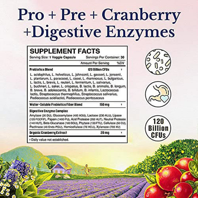 Women"Probiotics 120 Billion Cfus 1 Daily | 30 Strains, with Prebiotics & Digestive Enzymes & Cranberry | Shelf Stable | Gut & Vaginal Health | Vegan Non-Gmo | 30 Delayed Releas