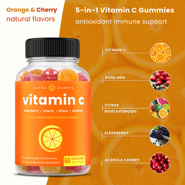 Nutrachamps Vitamin C Gummies for Adults & Kids | 5-In-1 Immune System Support with Elderberry, Rosehips, Citrus Bioflavonoids & Acerola Cherry | Vegan Non-Gmo Immune Booster Supplement Chewable Gummy