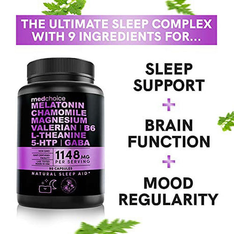 10-In-1 Melatonin 6Mg Natural Sleep Aid, Sleep Supplement W L Theanine, 5 HTP, GABA, Valerian Root, Chamomile, Vitamin B6, Magnesium for Sleep, Stress & Mood Support - Melatonin for Adults 90 Count