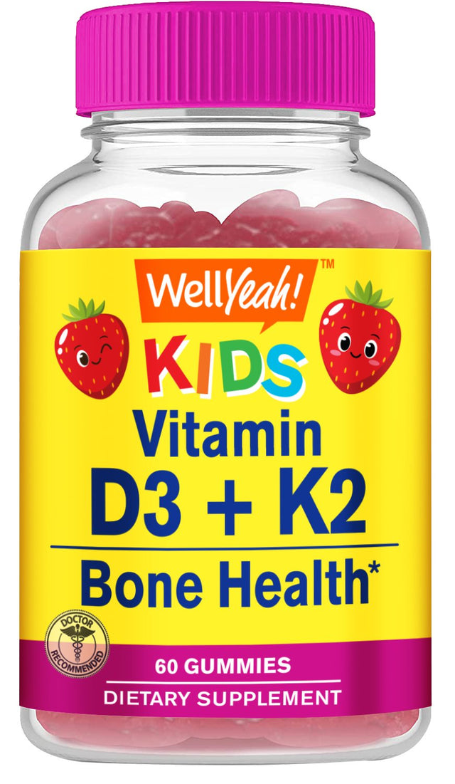 Wellyeah Vitamin D3 + K2 for Kids Gummies - Vitamin D3 1000 IU, K2 100 MCG - Bone and Muscle Health Support, Natural Flavors, GMO Free, Gluten Free, Vegan - K2 D3 Vitamin Supplement- 60 Gummies