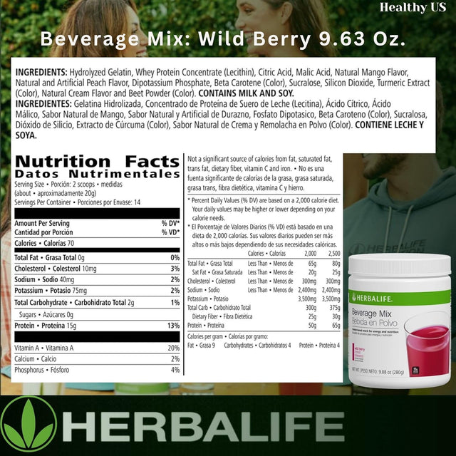 HERBALIFE Beverage Mix: Wild Berry 9.88 Oz.(280G) Protein-Based Snack for Energy and Nutrition, Helps Satisfy Hunger Cravings between Meals, 0 Sugar, Naturally Flavored