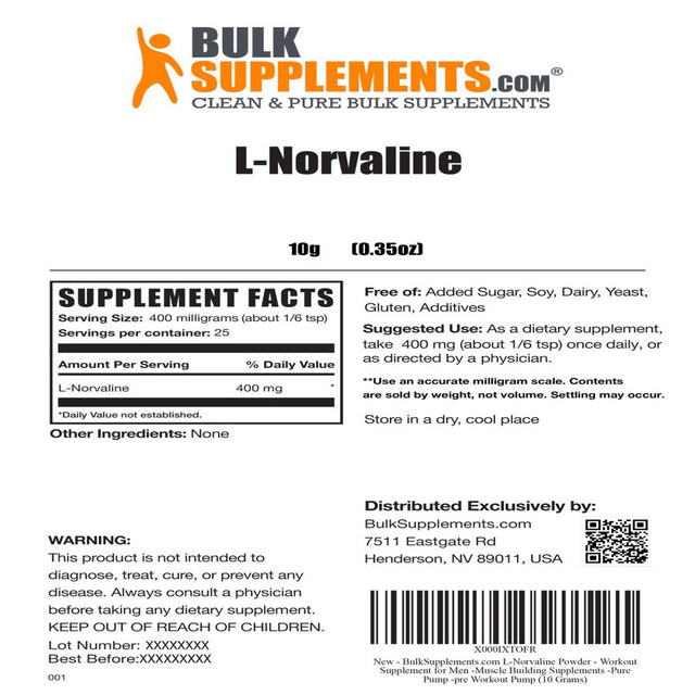 Bulksupplements.Com L-Norvaline Powder - Workout Supplement for Men - Muscle Building Supplements - Pure Pump - Pre-Workout Pump (10 Grams)