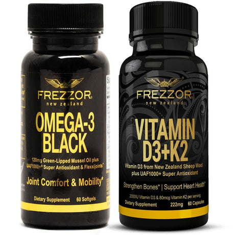 FREZZOR Omega 3 Black Green Lipped Mussel Oil, 53X Higher Potency for Superior Joint Comfort & Mobility, No Fishy Aftertaste, 1 Bottle, 60 Softgels plus 1 Bottle of Vitamin D3+K2